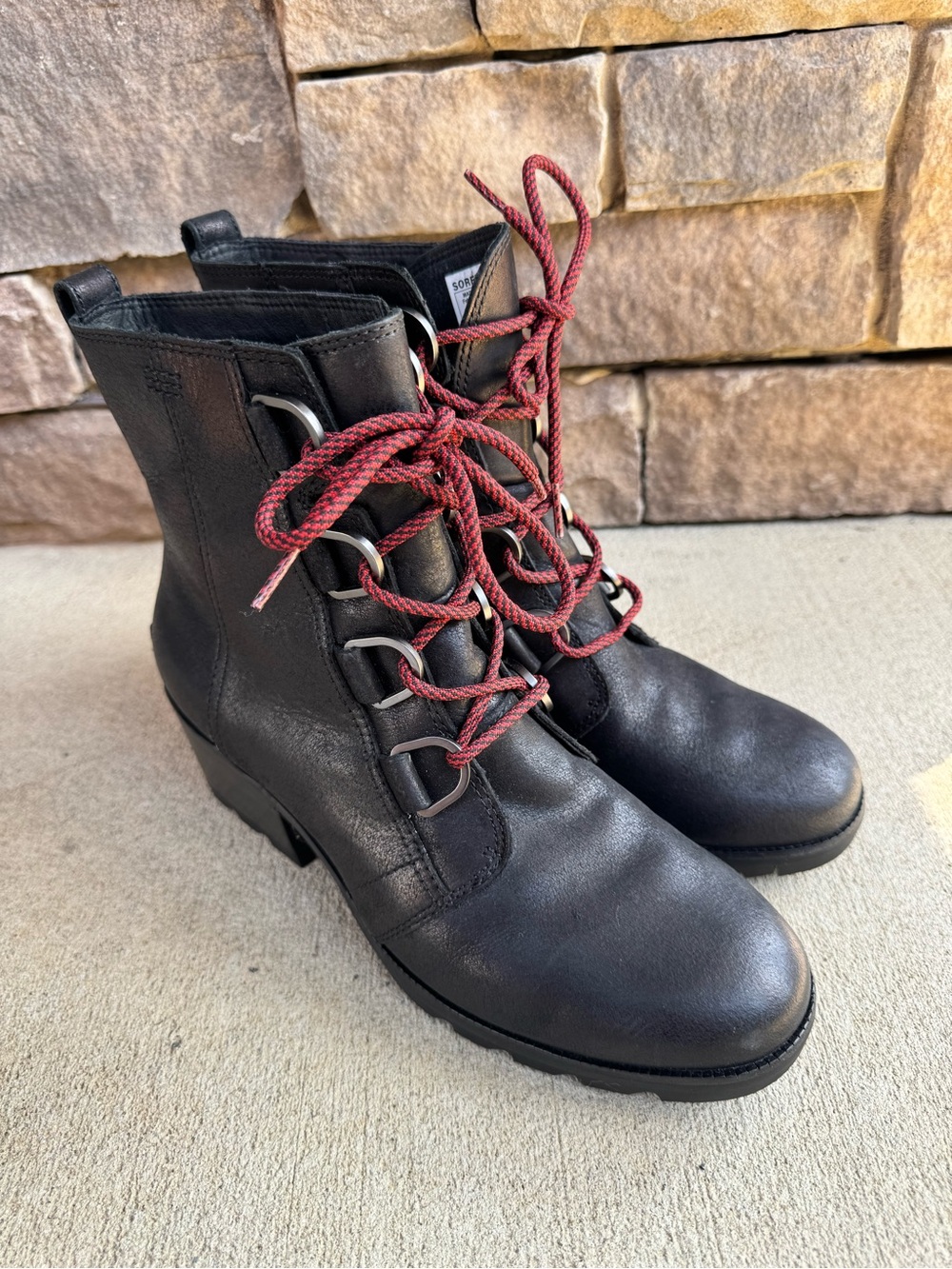 Sorel Cate Lace Ankle Block Heel Boots Black Leather Lace-Up Utility Moto Gorp - Picture 2 of 11